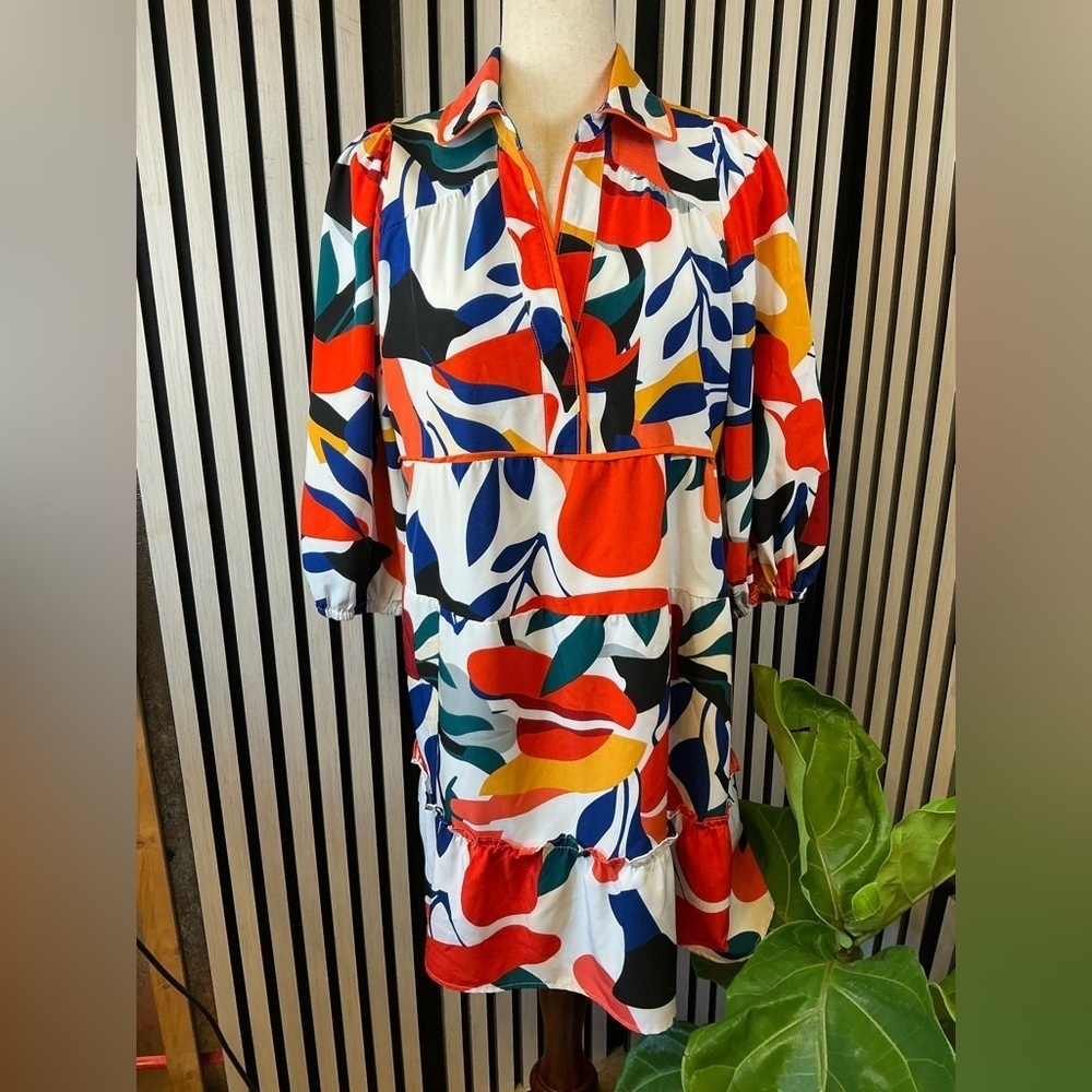 Umgee Multicolor Leaf Print Long Sleeve Dress Sz S